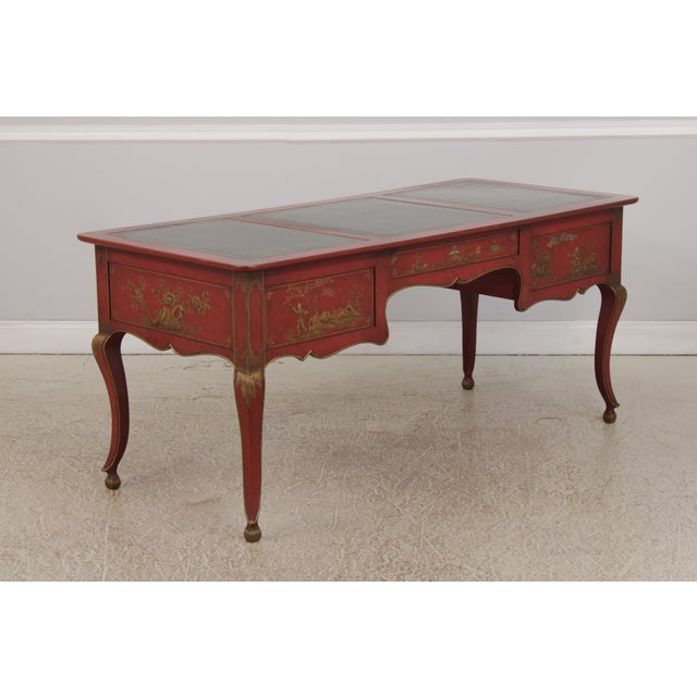Baker Furniture Company Baker 3 Drawer Chinoiserie Style Leather Top Desk Bureau Plat For Sale - Image 4 of 17