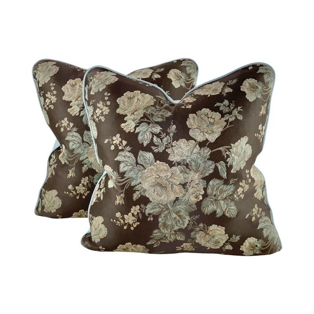 2020s Duralee Highland Court Brown Green Robins Egg Blue Botanical Floral Rose Bouquet Woven Jacquard Pillow Covers- Pair For Sale - Image 5 of 5