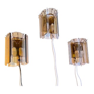 Set of Three Vintage Modern Brass and Smoked Glass Sconces, Venini, Italy For Sale