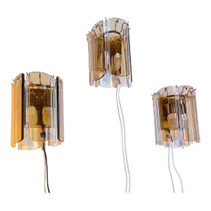 Set of Three Vintage Modern Brass and Smoked Glass Sconces, Venini, Italy