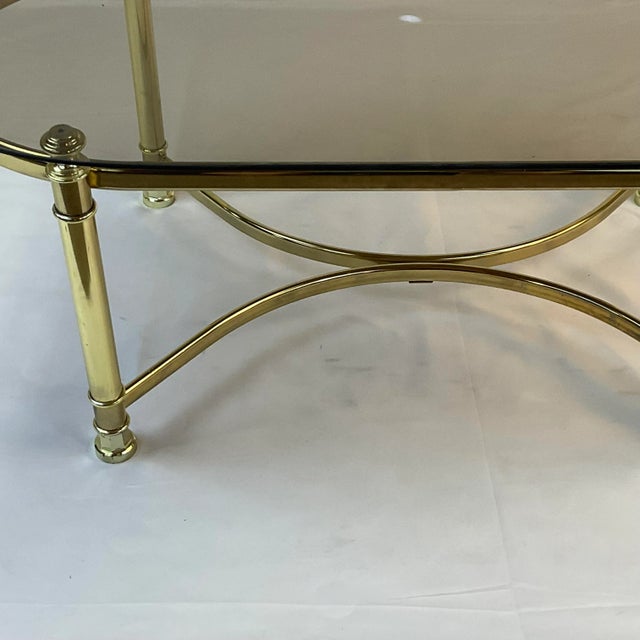 Mid-Century Modern 1980s Postmodern Brass Style Gold Chrome Metal Base Coffee Table With Smokey Oval Top. For Sale - Image 3 of 8