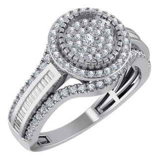 10K White Gold Round Baguette Diamond Halo Sz 7 Designer Ladies Ring 7/8 Cttw, Size 7 For Sale