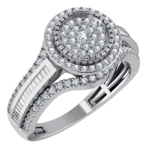 10K White Gold Round Baguette Diamond Halo Sz 7 Designer Ladies Ring 7/8 Cttw, Size 7