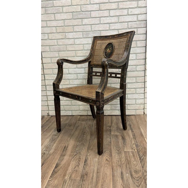 Wood Antique English Regency Hand-Painted Cane-Back Medallion Armchairs - Pair For Sale - Image 7 of 11
