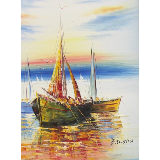 This striking nautical oil painting by B. Justin features sailboats at sunset. The style is Impressionist. The canvas is...