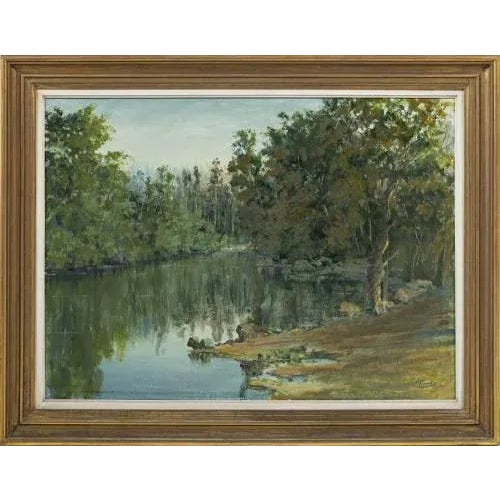 "River landscape". Oil on canvas. Signed and dated 1975. Dimensions: 70 x 95 cm.