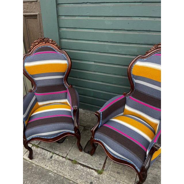Antique Bohemian Stripped Upholstered Rustic Armchairs (all new upholstery & fabric) set of 2 ~ We have just...