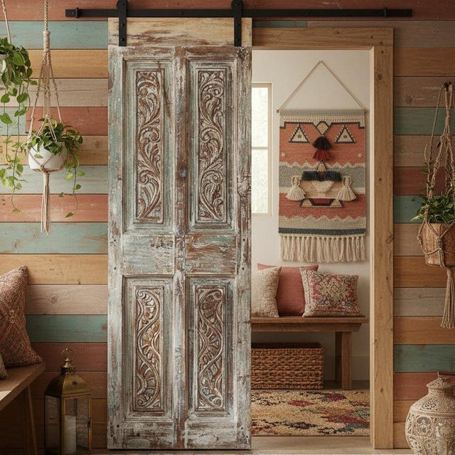 1920s Antique Distressed Green Carved Door – Rustic Barn Door Statement Décor 80x26.5 For Sale - Image 5 of 5