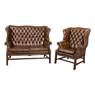 Vintage Brown Leather Chesterfield Wingback Loveseat and Club Chair For Sale