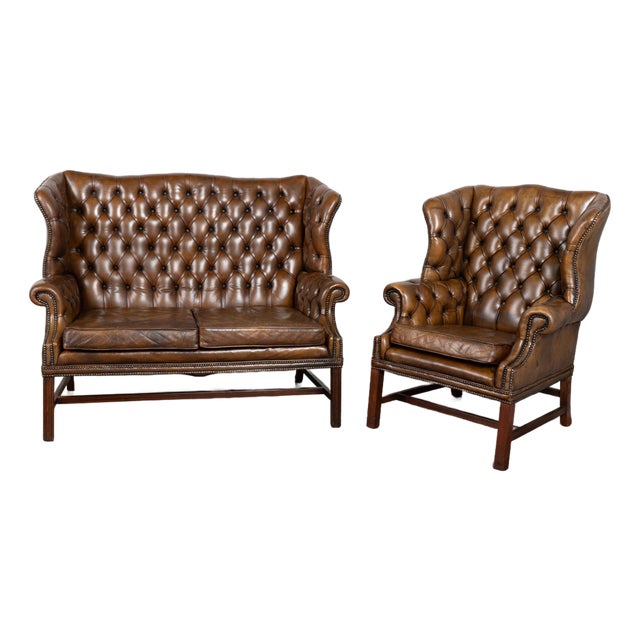 Vintage Brown Leather Chesterfield Wingback Loveseat and Club Chair For Sale