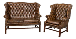 Vintage Brown Leather Chesterfield Wingback Loveseat and Club Chair