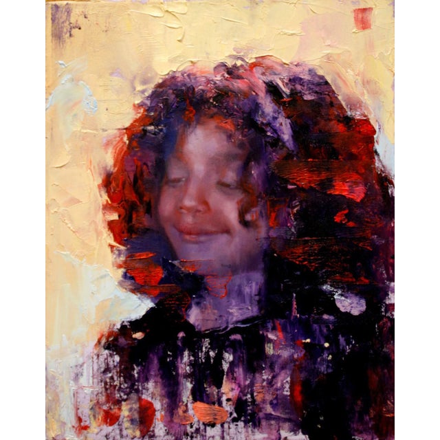 Ruby by Chris Hopkins | Oil Painting of a girl with curly red hair and a soft expression For Sale