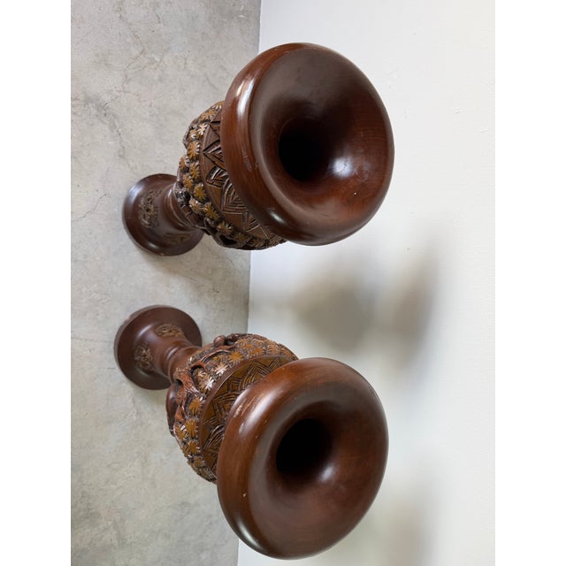 Brown Vintage Handcrafted - Intricate Wildlife Relief Carvings Asian Teak Wood Floor Vases – Pair For Sale - Image 8 of 12
