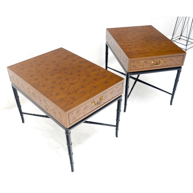 Wood Pair of Kittinger Faux Bamboo Tapered Horn Shape Legs One Drawer End Tables MINT For Sale - Image 7 of 18