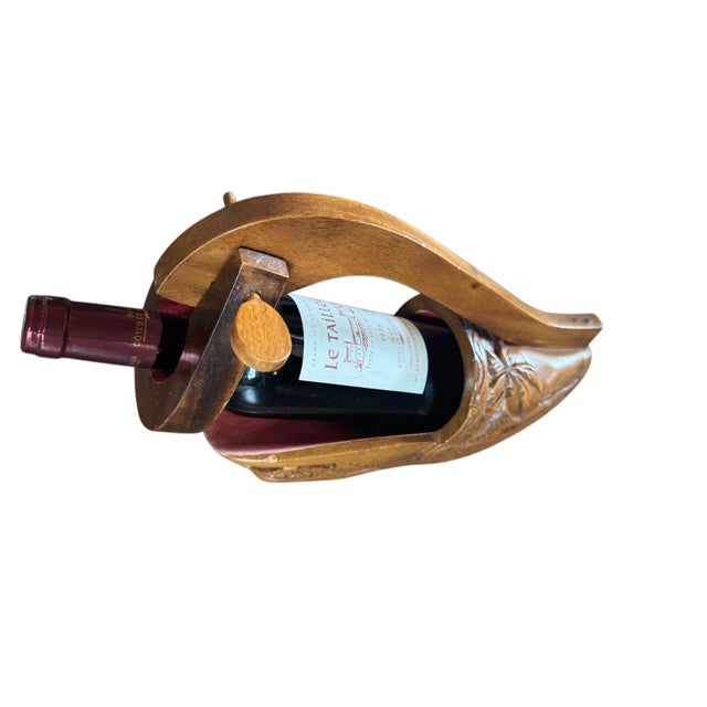Mid 20th Century Vintage Hand-Carved Solid Wood Shoe Wine Bottle Holder With Tropical Motif For Sale - Image 5 of 11
