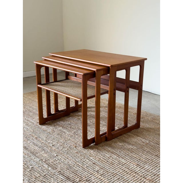 Teak Nest of Tables with Rattan Shelf by Johannes Andersen for Silkeborg, 1960s, Set of 3 For Sale - Image 11 of 17