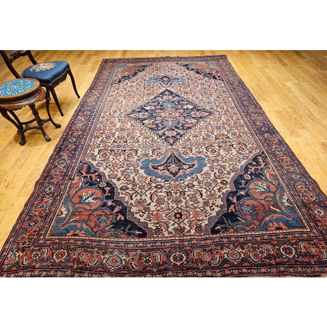 Ivory Antique Persian Bidjar Rug, Hand-Knotted Wool, Herati Geometric Pattern, Ivory & Red, 7x12 For Sale - Image 8 of 18