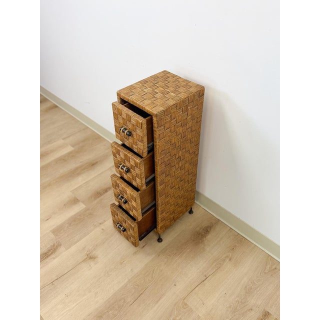 Wicker Parquetry Apothecary Narrow Four Drawer Chest Metal Base Coastal For Sale - Image 10 of 10