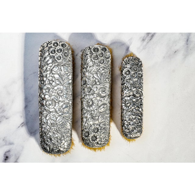 Elevate your dressing table with this exquisite antique Victorian brush set by Gorham, a beautifully crafted trio that...