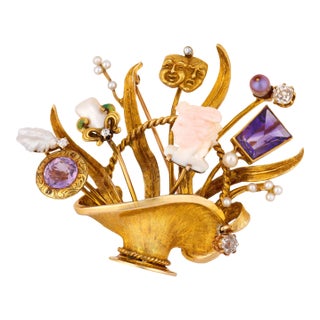 Vintage Diamond Coral Amethyst Pearl 14k Yellow Gold Basket Opera Brooch For Sale