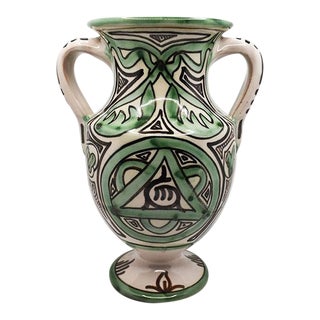 Mid-Century Ceramic Vase in Green Black & Cream Signed - Spain For Sale