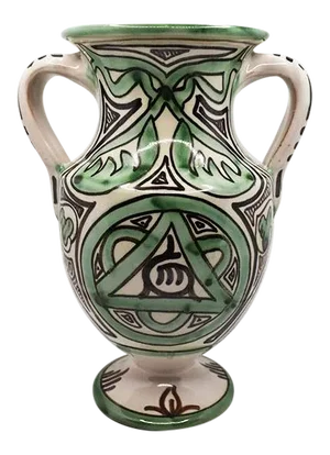 Mid-Century Ceramic Vase in Green Black & Cream Signed - Spain