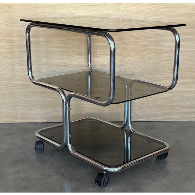 Mid-Century Modern Mid Century Sleek Italian Three Tier Chrome and Glass Drinks Trolley On Castors For Sale - Image 3 of 18