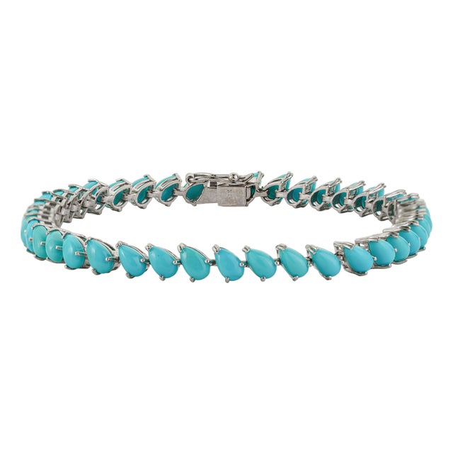 9.32ct Pear Cut Natural Turquoise Tennis Bracelet in 14k White Gold, 7 Inches For Sale