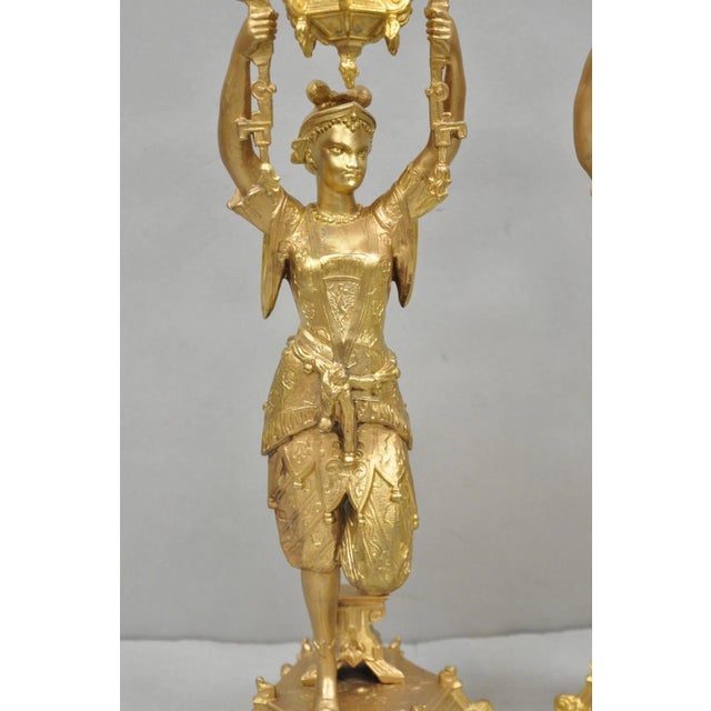 Gold Antique Orientalist Gold Gilt Bronze Figural Male and Female Candlesticks - Pair For Sale - Image 8 of 18