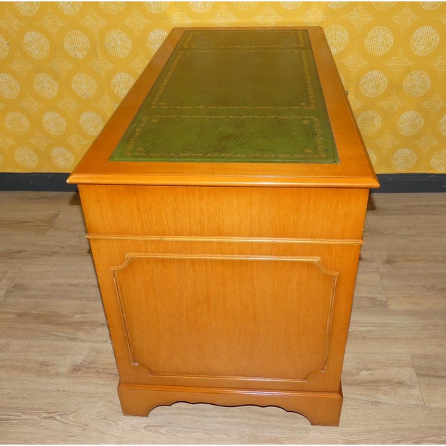 Edwardian English Desk in Yew Wood and Green Embossed Leather Top, 1960s For Sale - Image 12 of 16