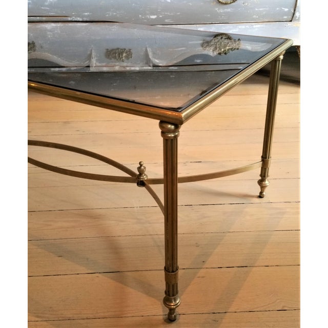 Mid-Century Modern Mid Century Brass & Smoked Glass Coffee Table With Curved Stretcher For Sale - Image 3 of 7