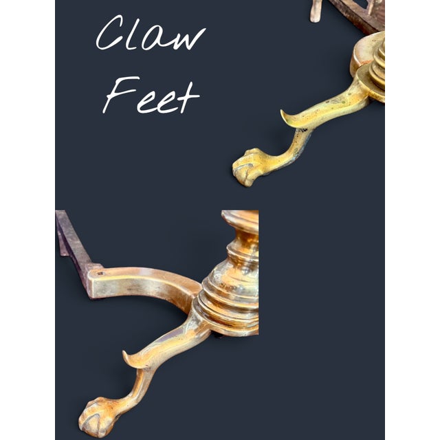 Antique Brass Andirons Pair-Chippendale-Beehive-Claw Foot-Fireplace Dogs-Federal For Sale - Image 6 of 11