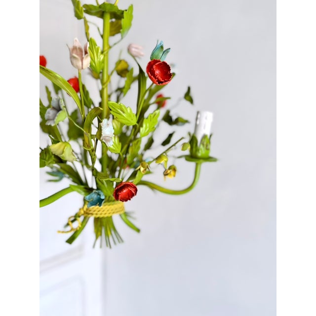1960s Mid-Century Floral Bouquet 3-Light Chandelier in Green Painted Tole Metal, 1960s For Sale - Image 5 of 16