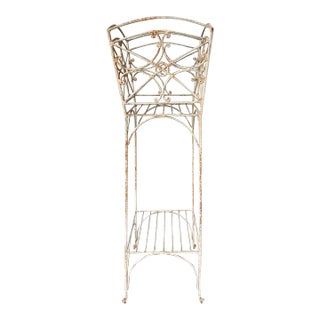 Mid 20th Century Wrought Iron Plant Stand With Shelf in Original White Finish For Sale