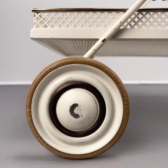 Metal White Serving Trolley in Perforated Sheet Metal attributed to Vereinigte Werkstätten München, Germany, 1950s. For Sale - Image 7 of 11