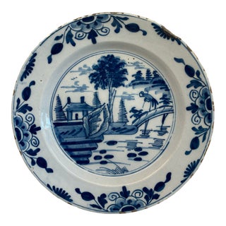 Early Antique Dutch Delft Blue and White Landscape Plate or Platter For Sale