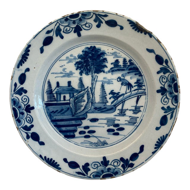 Early Antique Dutch Delft Blue and White Landscape Plate or Platter For Sale