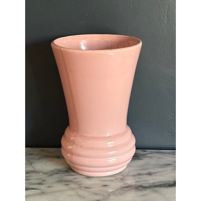 Vintage McCoy Pottery vase in soft pink, circa 1940s. McCoy's late-Deco styling in one of their signature pastel glazes....