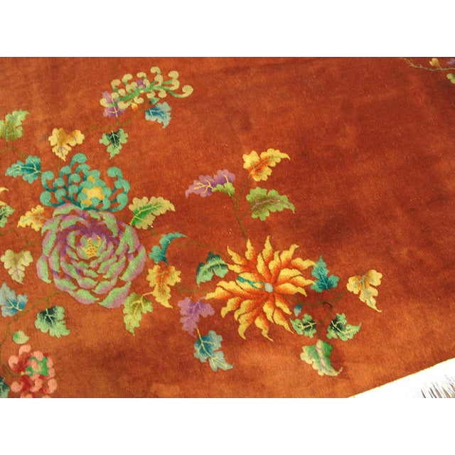 Early 20th Century 1920s Orange Floral Antique Chinese Art Deco Rug 9' X 11'6" Handknotted Wool Carpet For Sale - Image 5 of 6