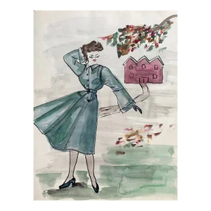1950s Mid Century Painting of a Lady in a Coat by Virginia Spencer