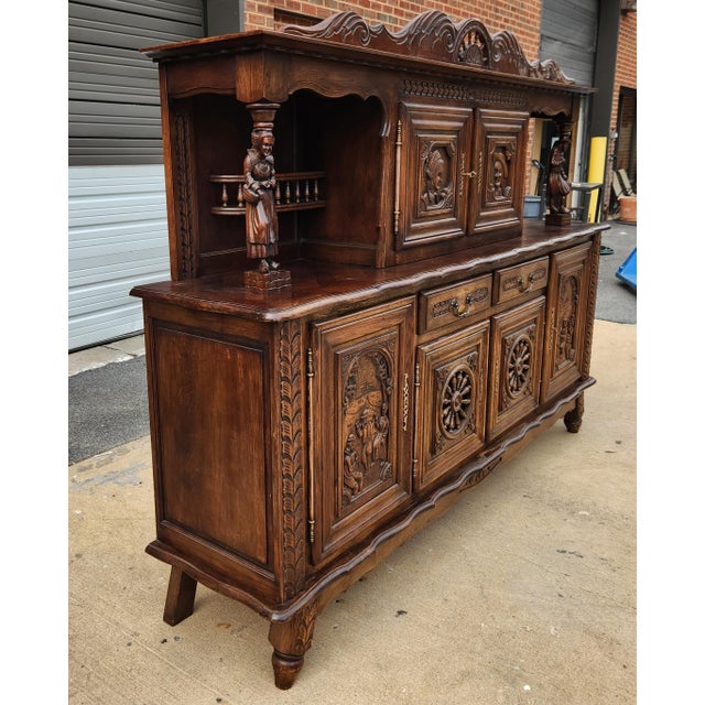 Antique French Brittany Hand-Carved Oak Sideboard, C. 1920s For Sale In Washington DC - Image 6 of 14