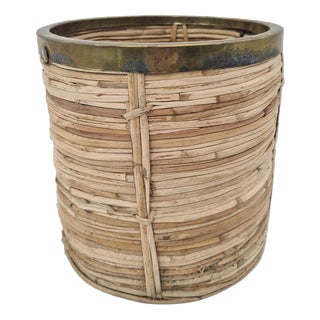 Rattan and Brass Basket, 1970s For Sale