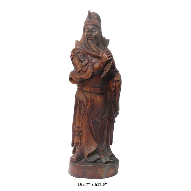 This Chinese General Guan statue is carved from a solid dense natural wood which has natural yellowish color. The statue...