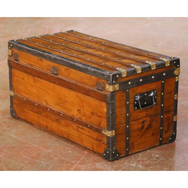 19th Century French Parisian Travel Trunk With Brass Hardware and Wood Slat Top For Sale - Image 11 of 13