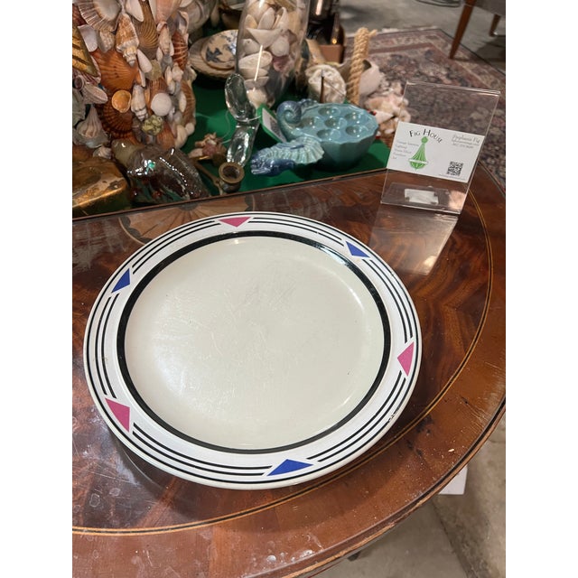 1980s Stoneware Plate With Blue and Pink Accents For Sale - Image 4 of 6