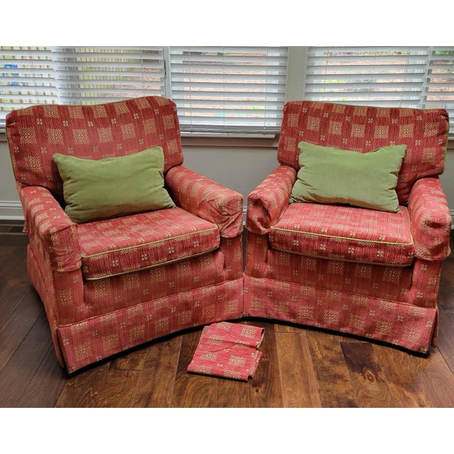 Vintage Brick Red American Upholstered Club Chairs With Pillows, Material, Antimacassars a