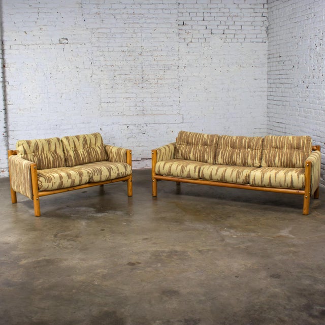 Mid to Late 20th Century MCM to Modern Sofa & Loveseat Set Solid Pine Log Frames & Canvas Slings W/Flame Stitch Fabric For Sale - Image 4 of 18