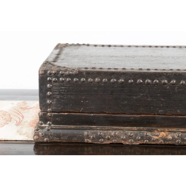 Black Indian 19th Century Black Box with Iron Nailheads, Braces and Rustic Patina For Sale - Image 8 of 13