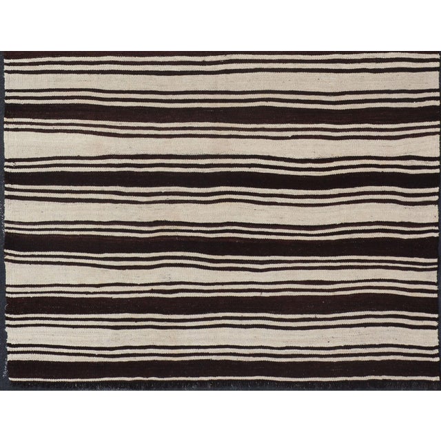Traditional Vintage Turkish Kilim Rug With Ivory Ground and Deep Brown Stripes For Sale - Image 3 of 11