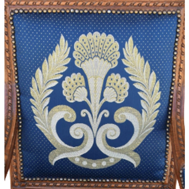 Wood Antique Carved Oak Armchairs Upholstered in French Blue Silk Fabric W/ Gold & Silver Thread Accenting - Pair For Sale - Image 7 of 13